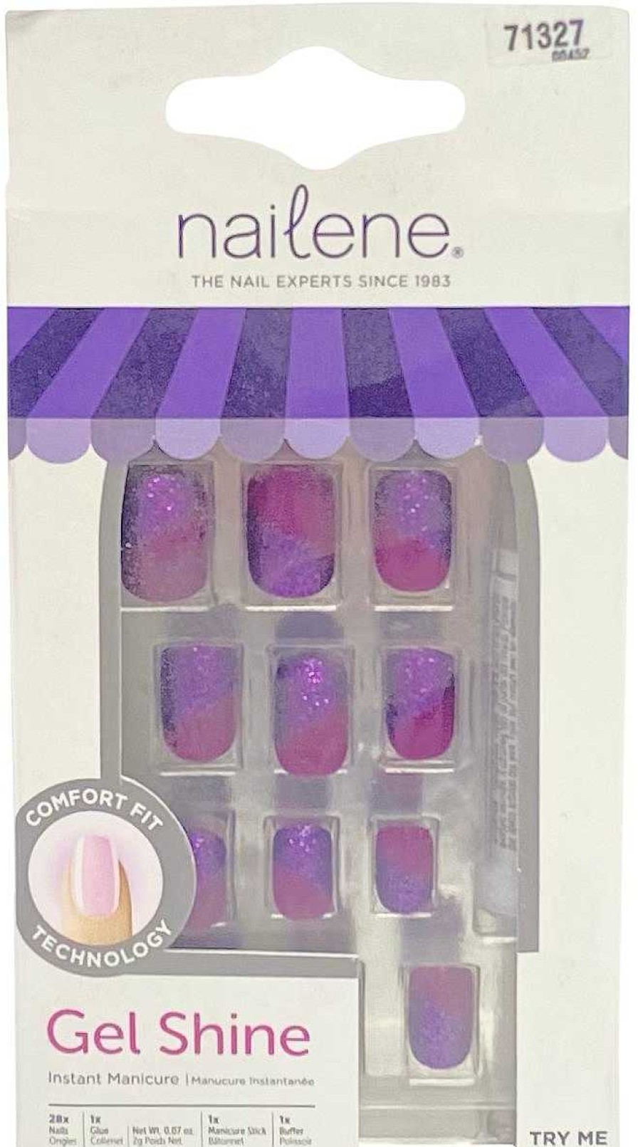 Nails Nailene | Nailene Gel Shine False Nails Purple Diagonal Sparkle W Glue